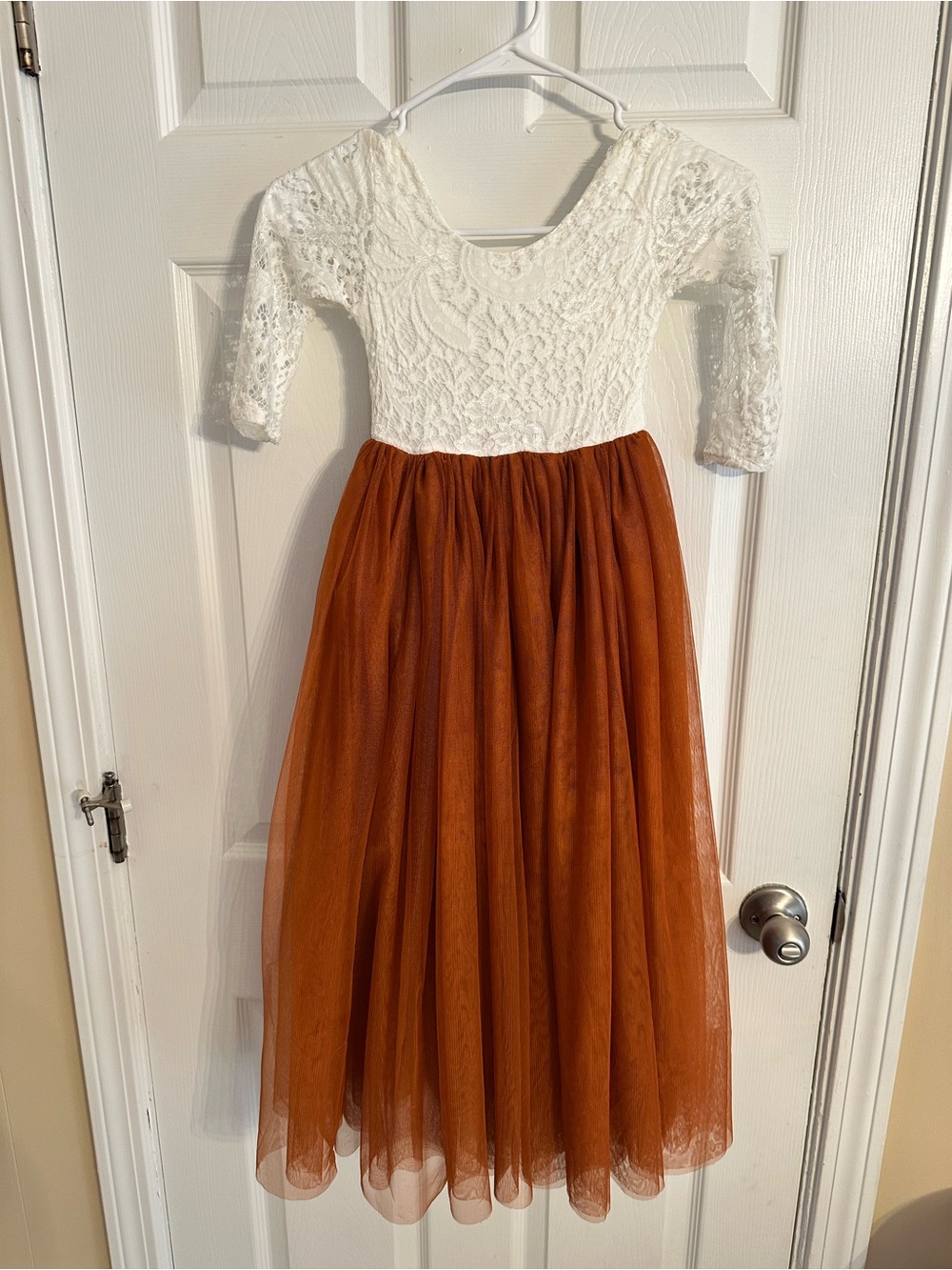 Girls White Lace Top and Burnt Orange/Rust Tulle Skirt Dress